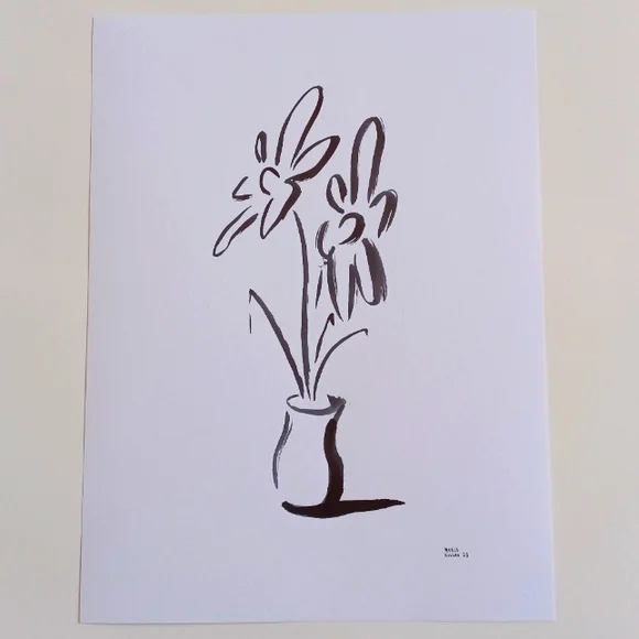 ORIGINAL ART 2 Flowers in Pot by Maria Rivera. 9x12" Black Ink Wall Art Painting - Picture 1 of 8